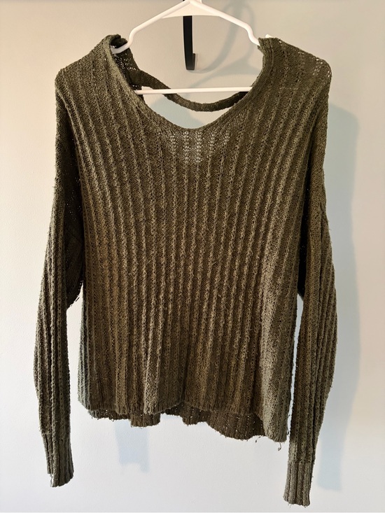 SO Sweaters - SO Olive Green Ribbed Open-Weave Crewneck Sweater